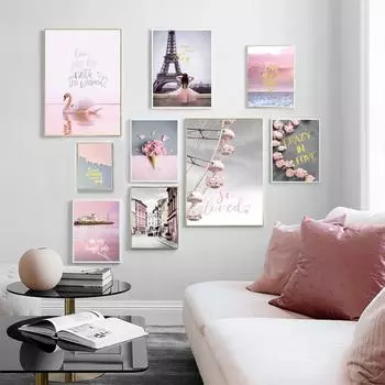 Розовый плакат для девочек и принты, Парижское здание, пейзаж, холст, картина, скандинавский цветок, настенное искусство для гостиной, домашний декор 21cm30cm NoFrame