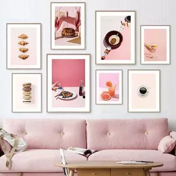 Розовый плакат с едой и напитками, кофе, торт, печенье, макароны, круассан, холст, живопись, настенные художественные фотографии, кухня, кафе, домашний декор, эстетический 21x30cm No Frame