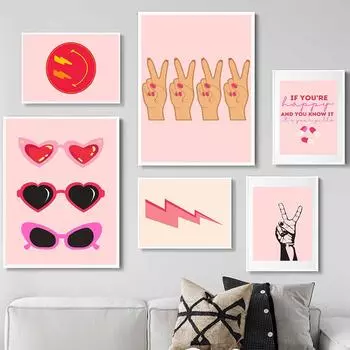 Розовый плакат с таблетками, иллюстрация, настенный художественный принт, жесты рук для девочек, солнцезащитные очки, счастливый смайлик, модная картина на холсте, домашний декор для комнаты 21x30cm No Framed