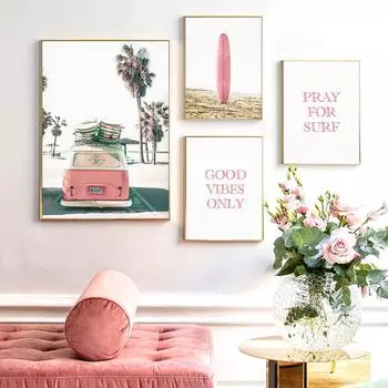 Розовый пляж, детский сад, настенный художественный принт, постер с доской для серфинга, серфинг для девочек 21cm30cm NoFrame