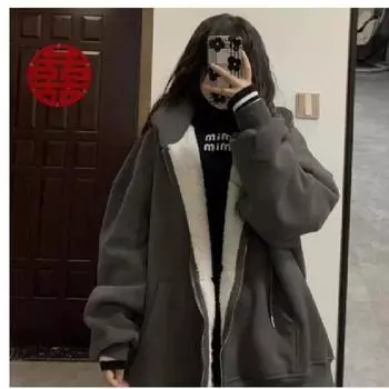 Розовый плюс бархатный свитшот с капюшоном для женщин осень-зима молния утолщенные теплые толстовки женские корейские студенческие пальто из овечьей шерсти XL темно-серого