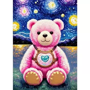 Розовый плюшевый мишка Звездное небо Винтажные живописные принты Милый мультяшный рисунок Плюшевый мишка Детская комната Декор холста для школы 21cm30cm NoFrame