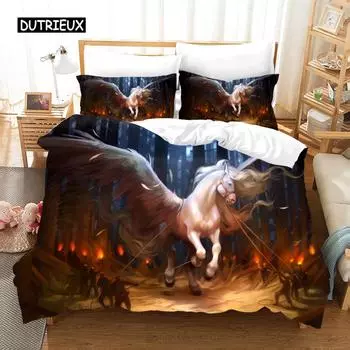 Розовый пододеяльник с изображением единорога и лошадей, комплект постельного белья Dream Flying Horse для детей, пододеяльник с изображением мультяшных животных для украшения спальни US Queen(228x228cm)