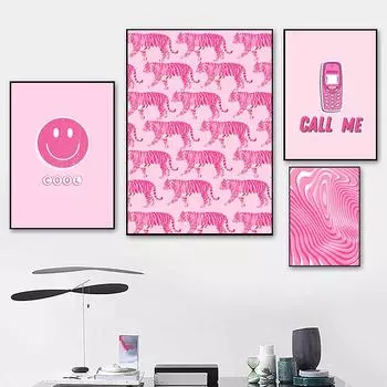 Розовый Preppy Wall Art Фото Холст Картина Мода Улыбка Телефон Плакат Картины Девочки Комната в общежитии Домашний Декор Печать 21x30cm No Framed