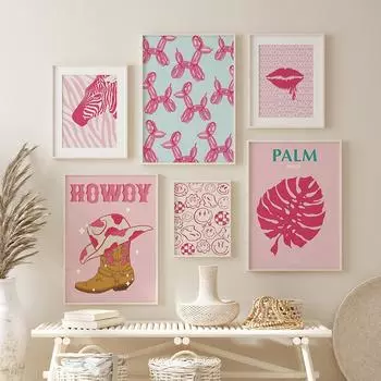 Розовый Preppy Wall Art Girl Bed Room Decor Ярко-розовый Холст Картина Общежитие Preppy Posters Nordic Funky Home Decoration 21x30cm No Framed
