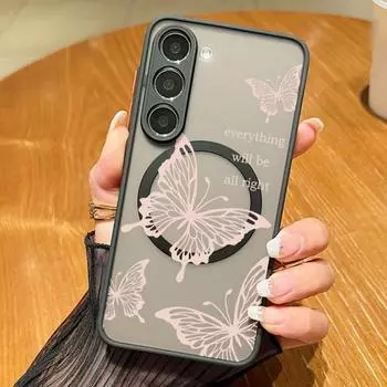 Розовый принт бабочки для MagSafe тонкий чехол для телефона Samsung S24 FE S23 S22 Ultra A55 A54 A34 A35 A14 противоударный мягкий матовый прозрачный магнитный чехол Samsung S24 чёрный