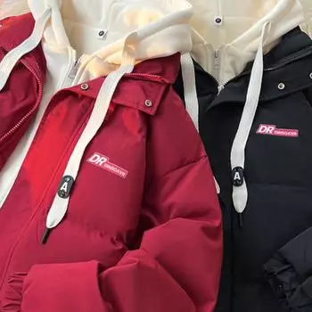 Розовый пуховик из двух частей искусственной овечьей шерсти с капюшоном, женский утолщенный воротник-стойка, ученическая куртка, пальто для средней школы прилив S