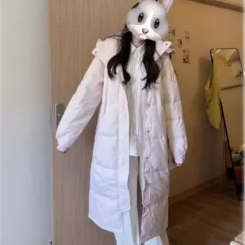 Розовый пуховик средней и длинной длины, куртка с хлопковой подкладкой, женская, новинка 2024 года, зимняя, маленькая, утолщенная, с подкладкой до колен S recommends 50kg-55kg