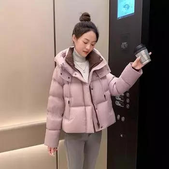 Розовый пуховик женский короткий зимний новый модный 90-х белый утиный пух маленький плотный пальто S [Recommended 80--60kg] розовый