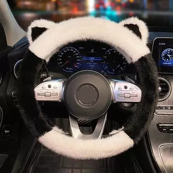 Розовый пушистый чехол на руль, защитный чехол для женщин, симпатичные кошачьи ушки, плюшевый чехол на ручку, мультяшный чехол на руль, универсальный чёрный