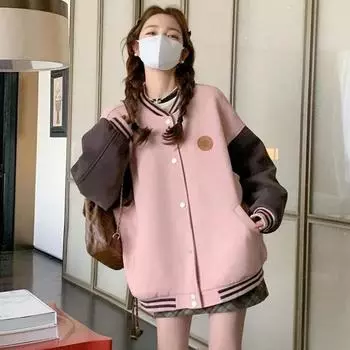 Розовый ретро-бейсбольный жакет в стиле колледжа, кардиган для женщин, весна-осень, однобортный, с цветным плетением, повседневный, свободный, свитшот, пальто M