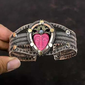 Розовый резной браслет с лицом из кости, браслет-манжета из медной проволоки, ювелирные изделия ручной работы из меди, регулируемый браслет, браслет с радужным лунным камнем