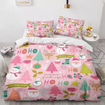 Розовый рождественский комплект постельного белья из трех частей с цифровой печатью, пододеяльник с изображением Санты EU single 135*200