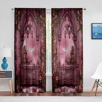 Розовый сад, голубиный оконный пейзаж, розовые тюлевые шторы с цветочным принтом для декора гостиной, шифоновая прозрачная вуаль, занавеска для кухни, спальни 1 PCS W100XH250cm&Rod Pocket