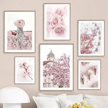 Розовый сад роза тюльпан сакура велосипед колесо обозрения настенная живопись холст искусство скандинавские постеры и печатные картины для декора гостиной 21x30cm No Framed