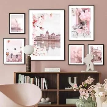 Розовый Сакура велосипедный светильник замок пончик автомобиль настенная живопись на холсте постеры на скандинавскую тему и принты настенная картина для декора гостиной 21x30cm No Framed