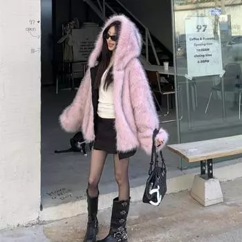 Розовый спереди и сзади, два надеваемых экологически чистых меховых жилета, женский осенне-зимний свободный костюм из двух частей с короткой юбкой S