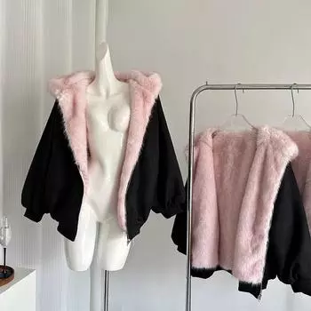 Розовый спереди и сзади два наряда huan меховой свитер инструментальная короткая юбка комплект осень-зима капюшон фонарь рукав дизайн чувство женщины S