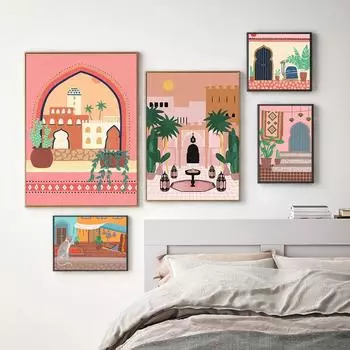 Розовый стиль, марокканская сцена, иллюстрированная художественная печать, верблюжья обезьяна, индийский рынок, холст, постер, скандинавская ретро настенная картина, декор для спальни A4 21x30cm No Frame