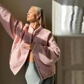 Розовый толстый пиджак женский искусственный мех повседневный свободный однобортный карман пальто женский осень зима воротник стойка теплое женское пальто S розовый