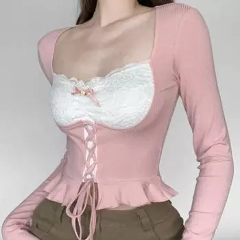 Розовый топ с длинными рукавами, женская кокетка для девочек, эстетический сексуальный кружевной лоскутный бандаж с квадратным воротником, тонкая футболка, укороченный топ Y2k S розовый