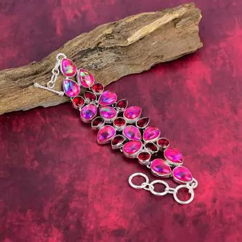 Розовый триплет опал, гранатовый браслет, ювелирные изделия из цельного серебра 925 пробы с драгоценными камнями, браслет ручной работы, на День благодарения Adjustable With 8 Inches розовый