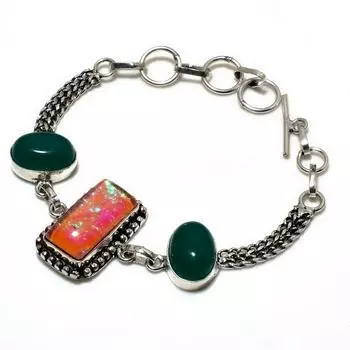 Розовый тройной опал, зеленый оникс, драгоценный камень 925, посеребренный браслет 6–8 дюймов