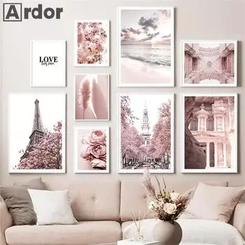 Розовый тростник Цветочная башня Париж автомобиль пляж настенное искусство холст картины скандинавские постеры и принты картинки для гостиной домашний декор 21*30cm No Frame