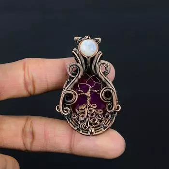 Розовый турмалин и лунный камень, драгоценные камни, подвеска ручной работы из чистой медной проволоки, обернутая ювелирными изделиями 2.56 Inches розовый