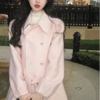 Розовый твидовый жакет, женский осенне-зимний твидовое пальто в милом стиле с лацканами в стиле Хепберн, элитный тонкий топ в стиле ретро S розовый