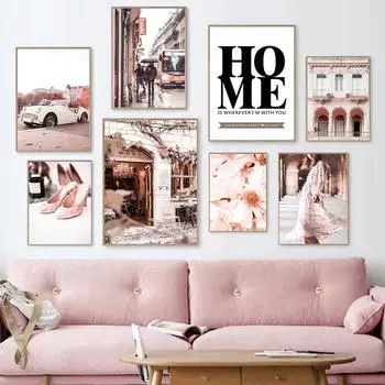 Розовый уличный пейзаж скандинавский плакат девушка хрустальная туфелька классический автомобиль настенное искусство холст картины настенные картины для декора гостиной 21x30cm No Framed