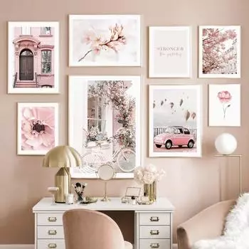 Розовый уличный вид с цветком в стиле ретро, автомобиль, велосипед, модные настенные художественные постеры на скандинавскую тему, холст, живопись и принты, фотографии для декора гостиной 21*30cm