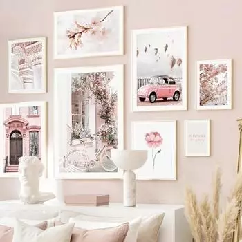 Розовый уличный вид с цветком в стиле ретро, автомобиль, велосипед, модная картина на холсте, настенные художественные постеры на скандинавскую тему и принты, картинки для декора гостиной 21x30cm No Framed