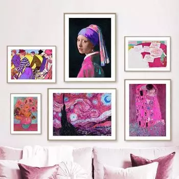 Розовый Ван Гог звездное небо волны музей выставочные плакаты и принты настенная живопись на холсте для гостиной декоративные картины 21cm30cm NoFrame