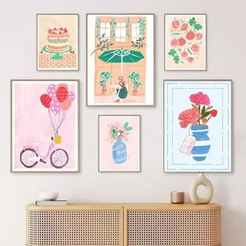 Розовый велосипед воздушный шар постер принты для детской комнаты настенное искусство холст картина натюрморт вишневый торт цветы инжир фрукты для декора гостиной 21x30cm No Framed белый