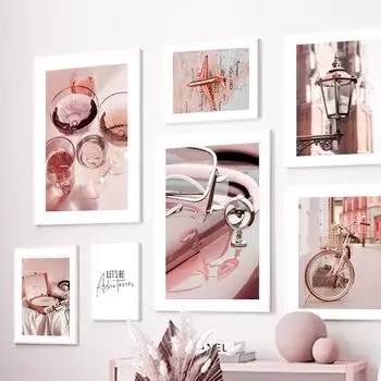 Розовый винтажный холст, настенный постер и принты, пишущая машинка, велосипед, модный автомобильный кубок, современные настенные художественные картины для гостиной 21x30cm No Frame