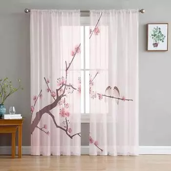 Розовый вишневый цвет птица чернила стиль современные тюлевые шторы для гостиной, спальни, дома, кухни, окна, прозрачные шторы 135W x 114H(cm)