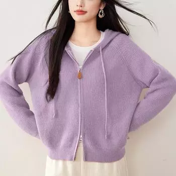 Розовый вязаный кардиган с капюшоном для женщин на осень и зиму, нижняя рубашка, новый ленивый стиль, фиолетовый свитер, куртка S