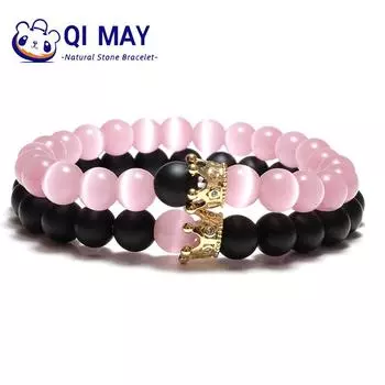 Розовый Зеленый Камень Кошачий Глаз Черный Матовый Камень Пара Браслет для Женщин Мужчин Шарм Корона Парный Браслет Ювелирные Изделия Подарок