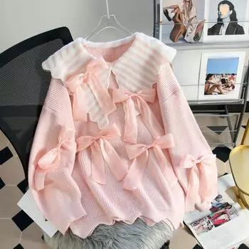 Розовый женский свитер с воротником Питер Пэн, длинный рукав, украшенный бантом, трикотажные топы, свободный женский пуловер, верхняя одежда One Size розовый