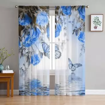 Розы и бабочки Цветочные синие тюлевые прозрачные шторы для гостиной, спальни, кухни, украшения, вуаль, шторы из органзы 135W x 114H(cm)