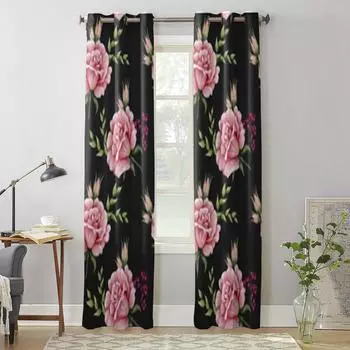 Розы на черном фоне, оконные занавески для гостиной, спальни, украшения, роскошные кухонные шторы с балдахином 135W x 60H(cm) x1