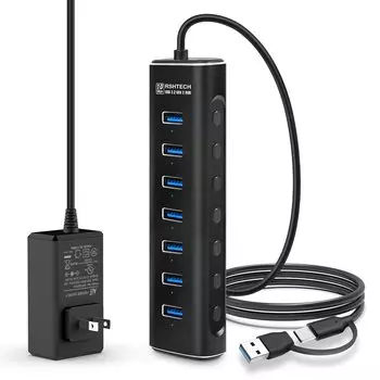 RSHTECH USB Hub Gen2 10 Гбит/с 7 портов 2 в 1 с кабелем алюминиевый USB HUB 12 В 2 А блок питания с независимым выключателем 3.2 с автономным питанием (РШ-А107) чёрный