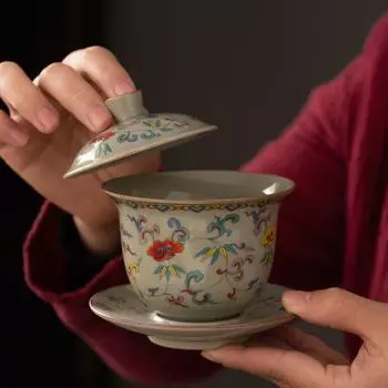 Ru Kiln Cover Bowl Tea Cup Teapot Kung Fu Tea Bowl With Cover Single Tea Making Cover Bowl High-end Antique Ceramic Tea Set 200ml