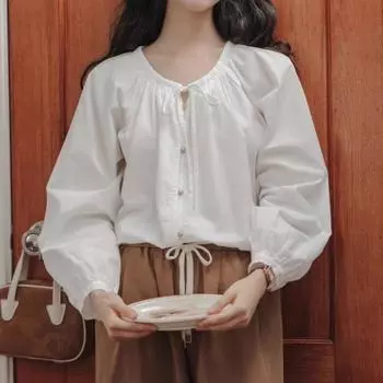 Рубашка 2024 года с французским галстуком, осенняя, с круглым вырезом, с фонариком, новая свободная рубашка с длинным рукавом XS