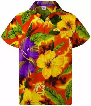 Рубашка Aloha Shirt Hawaii Shirt Short Sleeve Big 6XL [King Kameha] Мужская Flower, Оранжевая,