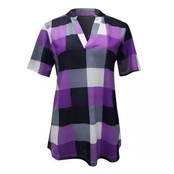 Рубашка Блузка с воротником большого размера с коротким рукавом и V-образным принтом в клетку Повседневная футболка L темно-синий