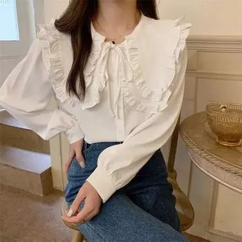 Рубашка больших размеров M-5XL, женская осенняя однотонная кружевная тонкая рубашка с длинными рукавами, милые удобные французские универсальные черные топы M белый