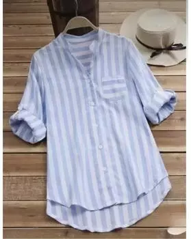 Рубашка больших размеров с полосатым принтом и пуговицами спереди, повседневная рубашка с высоким и низким подолом, закатанными рукавами и вырезом на весну и лето, женская одежда больших размеров 1XL синий