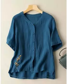 Рубашка больших размеров с вышитыми пуговицами спереди, повседневная рубашка с V-образным вырезом и коротким рукавом для весны и лета, женская одежда больших размеров 1XL синий